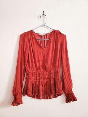 Philosophy Brick Red V-Neck Long Sleeve Pleated Peplum Blouse